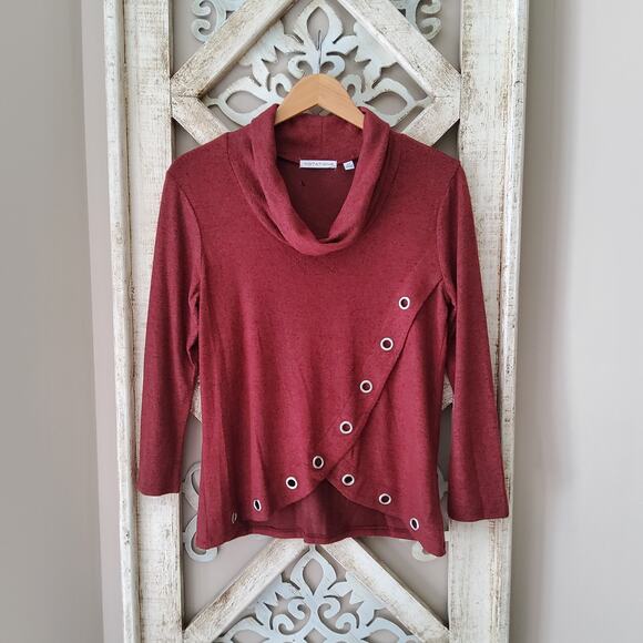 Notations Women's Petite Small 3/4 Sleeve Asymmetric Grommet Cowl Neck Top - Picture 5 of 5